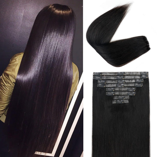 Injected Clip in Hair Extensions Real Human Hair Invisible Hand-Tied Weft Hair Extensions Clip in Human Hair Straight Seamless Clip ins for Women 8Pcs 120g 16inch #1B Natural Black