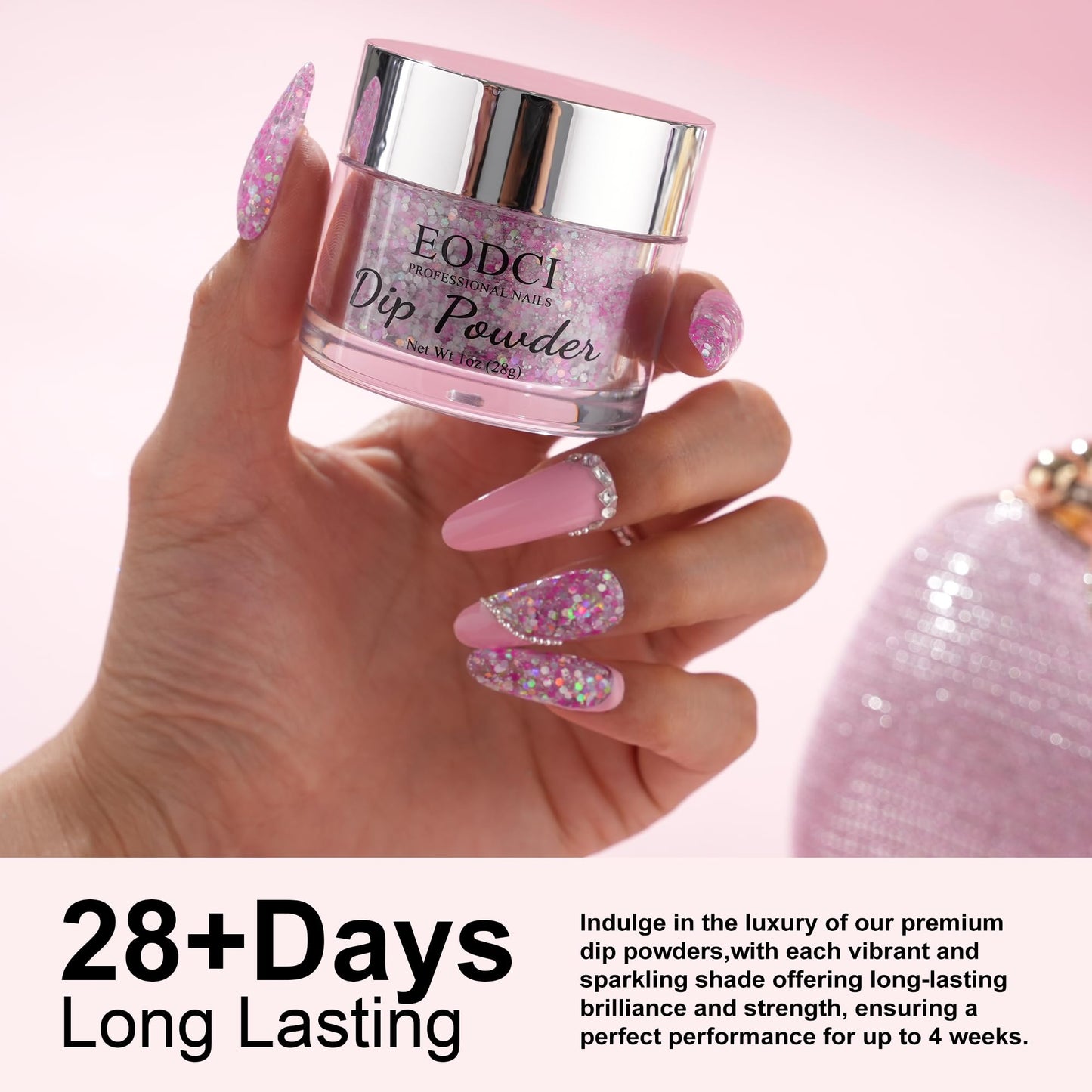 EODCI 1 Oz/28g Dip Powder Glitter Pink Purple Color, Nail Dipping Powder French Powder Nail Art Starter Manicure Salon DIY at Home, Odor-Free&Long-Lasting, No Needed Nail Lamp Curing