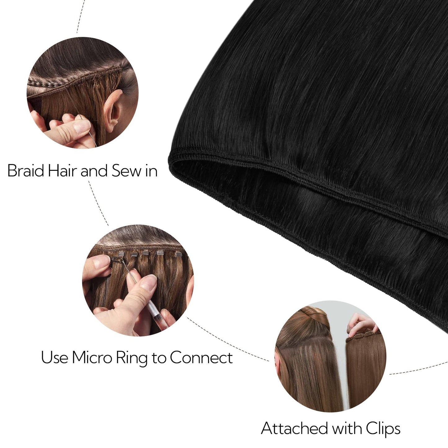 HOTBANANA Sew in Real Human Hair Extensions, 16inch 80g Weft Jet Black Straight Remy Hair Weft Full Head
