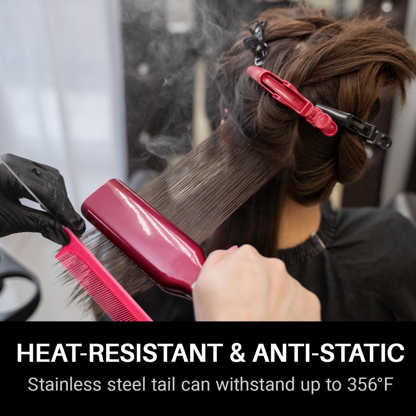 RHOS Retractable Fine Tooth Comb for Hair Parting, Styling, Cutting and Braiding - Carbon and Stainless Steel Pin Tail Comb (Pink)