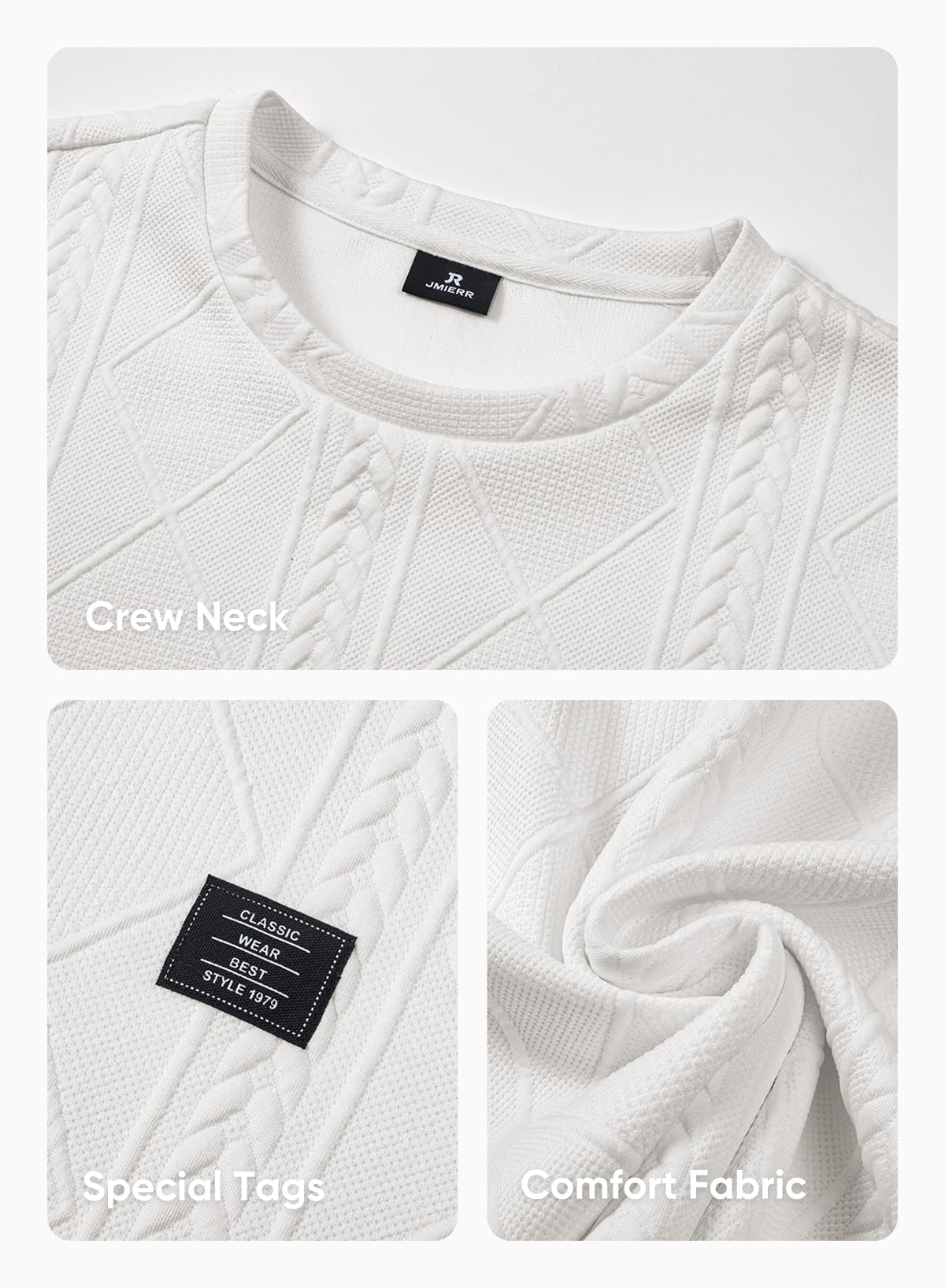 JMIERR Mens Crewneck Sweater Casual Cable Knit Pullover Sweatshirts Solid Winter Knitted Tee for Men, US43(L), White