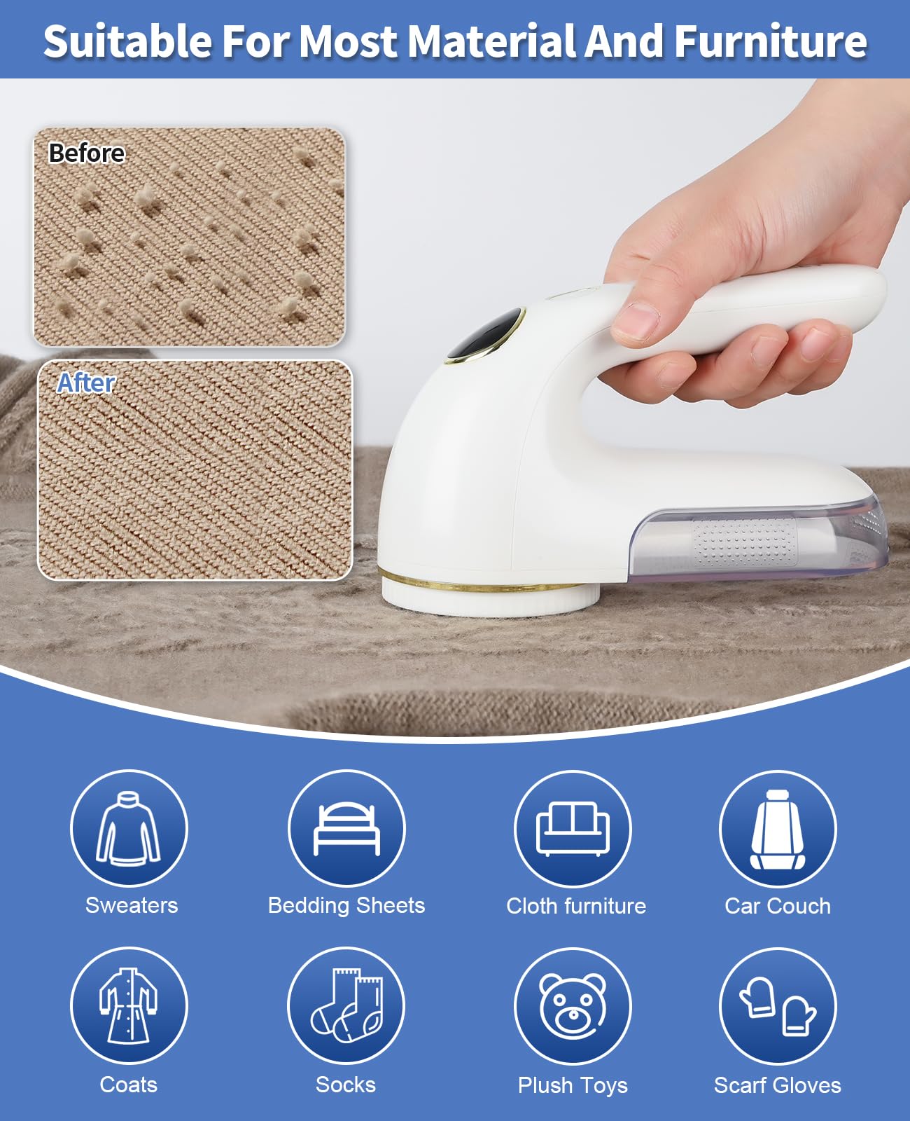 EiLVEEY Fabric Shaver, Electric Lint Remover Rechargeable with LED Display, 6-Leaves Blades, 3-Speeds Adjustment, Sweater Shaver to Remove Fuzz, Lint, Pills for Clothes and Furniture, White