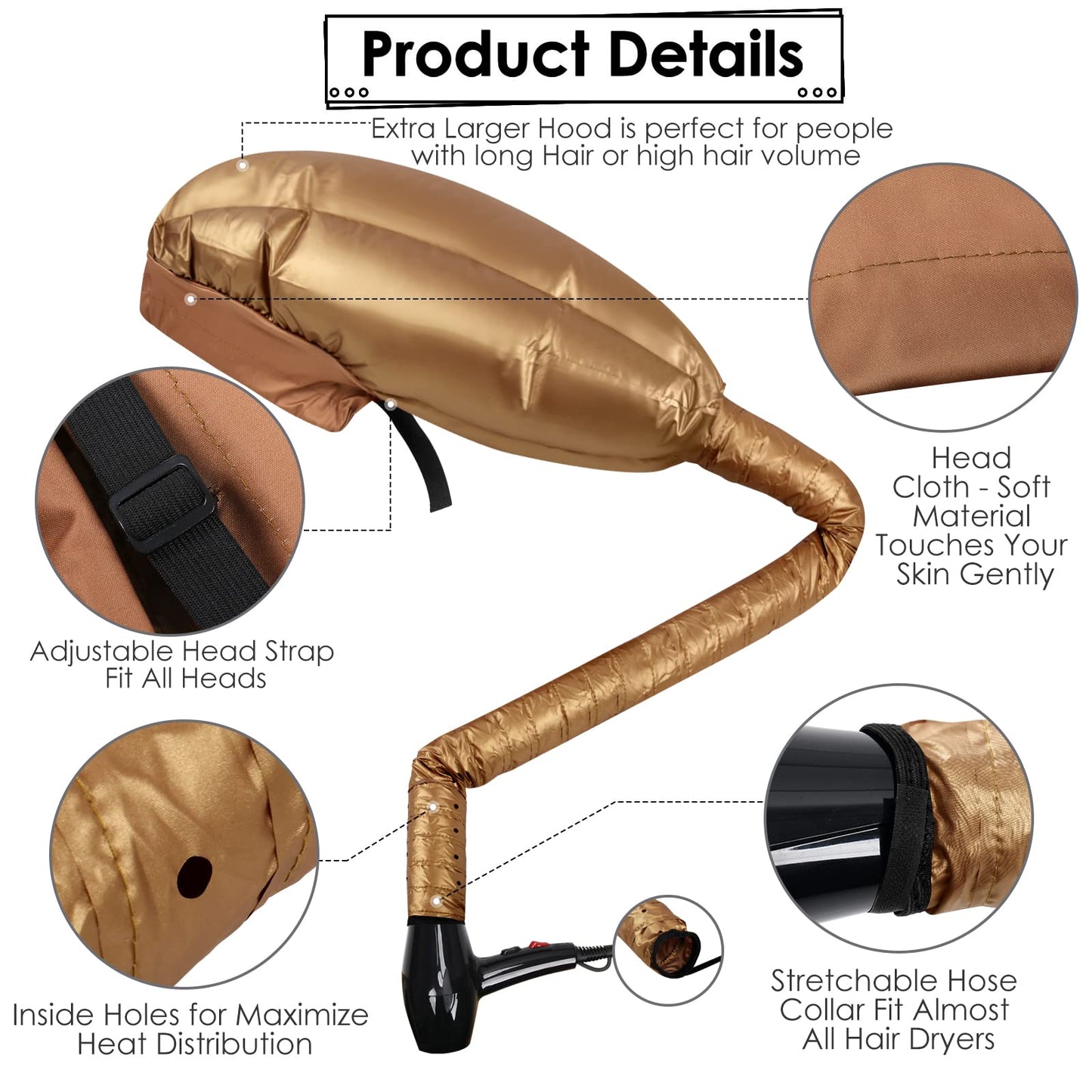 TEPENAR Bonnet Hair Dryer Attachment: Upgraded Extra Large Adjustable Hair Dryer Cap - Easy to Use for Natural Curly Textured Hair Care Styling Fast Drying - Gold