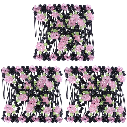 LALAFINA 3pcs Double Clips Hair Combs Adjustable Elastic Hair Clips Stretch Beaded Hair Combs Pink Rose Shaped Hair Accessories for Women Girls
