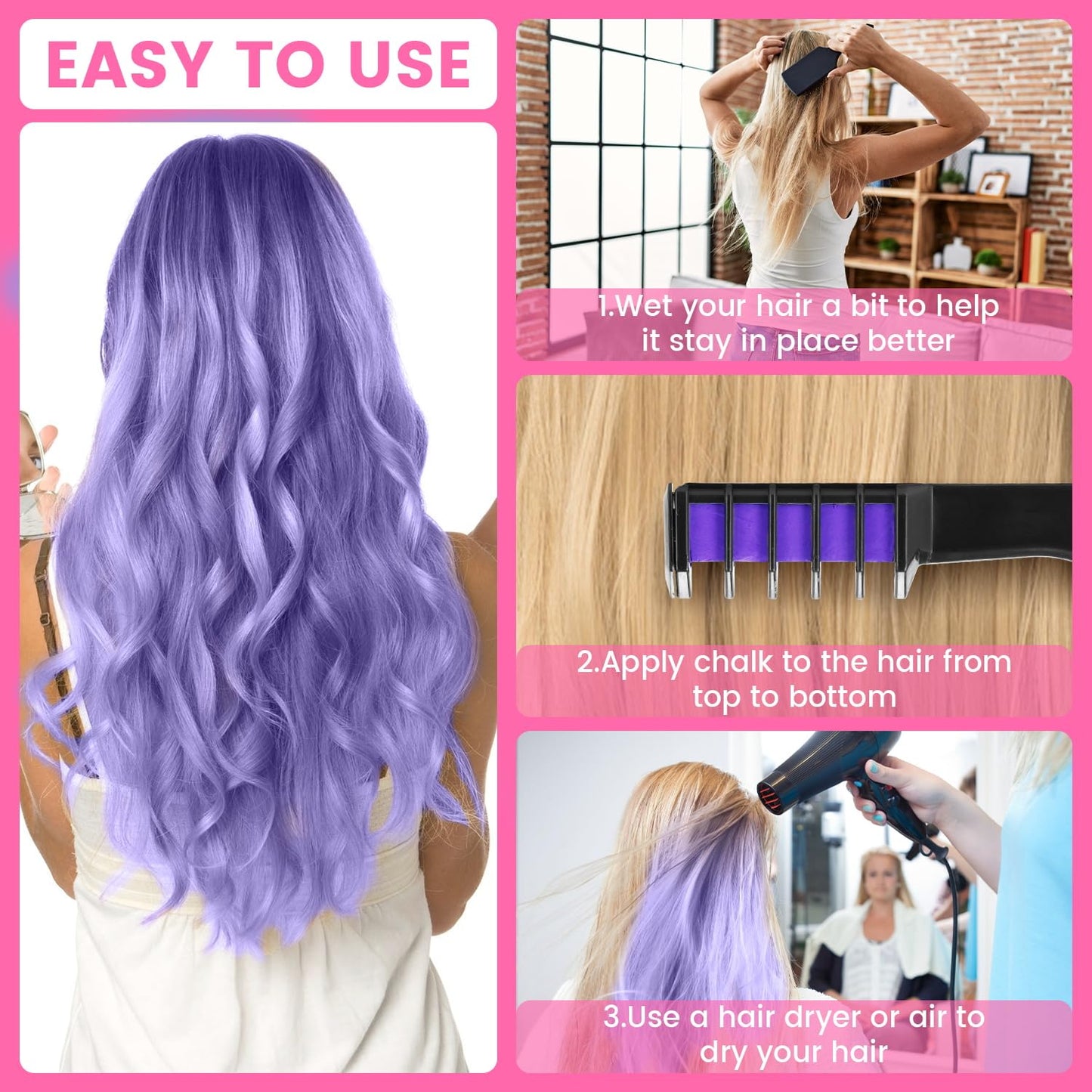 Hair Chalk for Kids - Temporary Bright Hair Color Comb, Washable Dye for New Year, Birthday, Cosplay, Halloween, Christmas