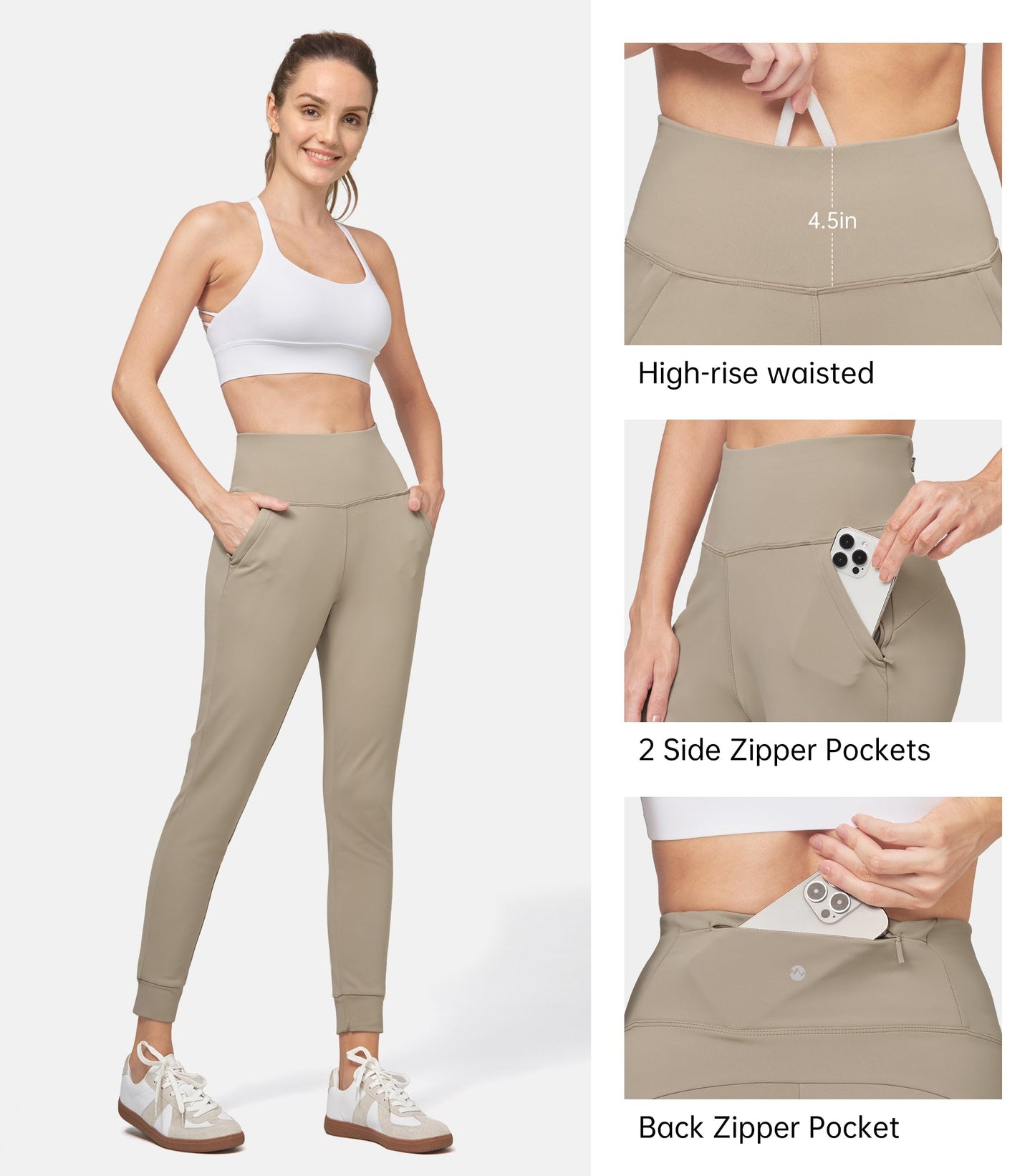 Willit Women's Fleece Lined Jogger Pants Zipper Pockets Water Resistant Winter Hiking Sweatpants Thermal Running High Waisted Khaki XXL