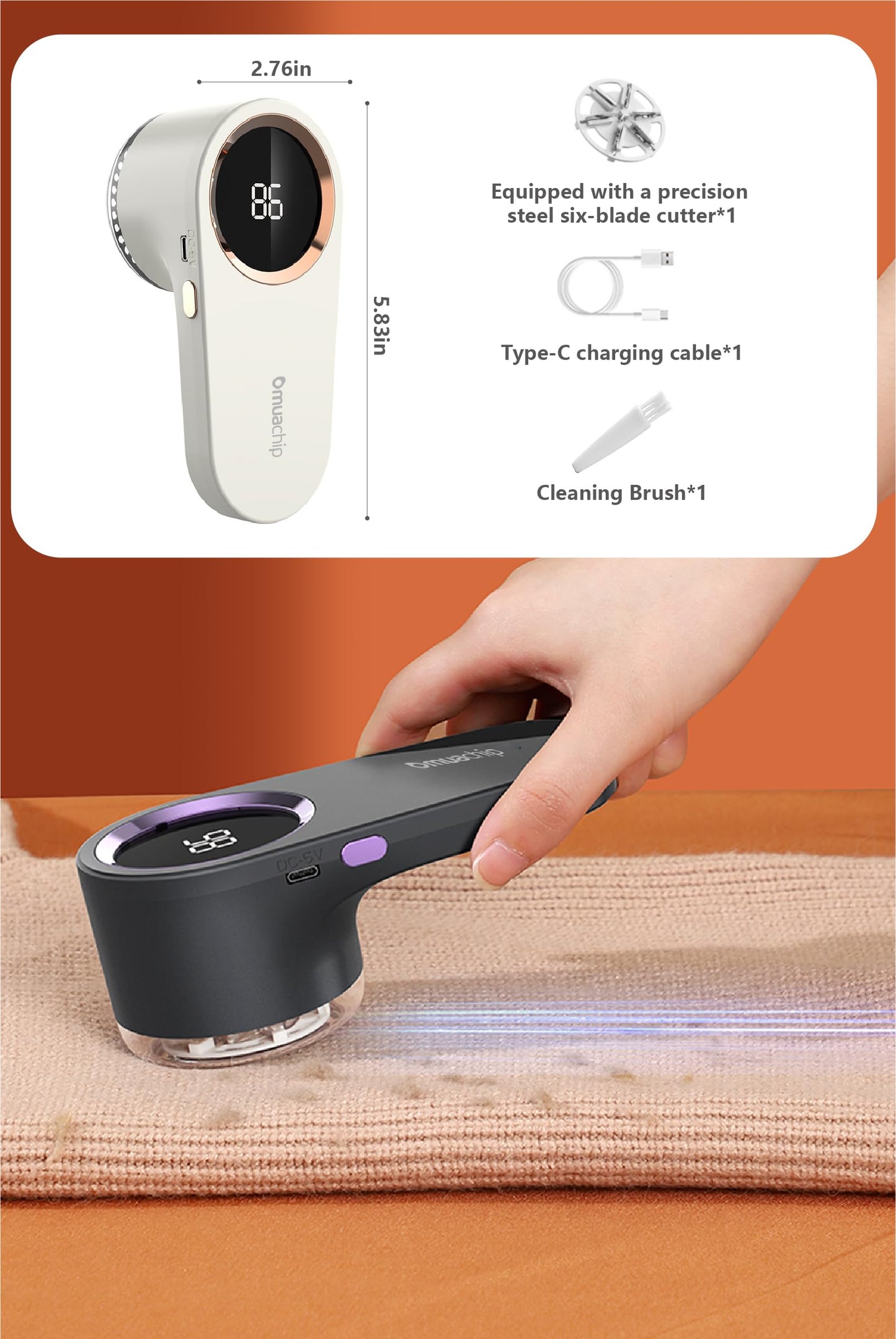 Fabric Shaver, Lint Remover Rechargeable, Electric Portable Sweater Defuzzer with 6-Leaf Blades, Digital Screen, Remove Pilling for Clothing, Couch, Furniture, Fuzz, Lint Ball, Pillings(White)