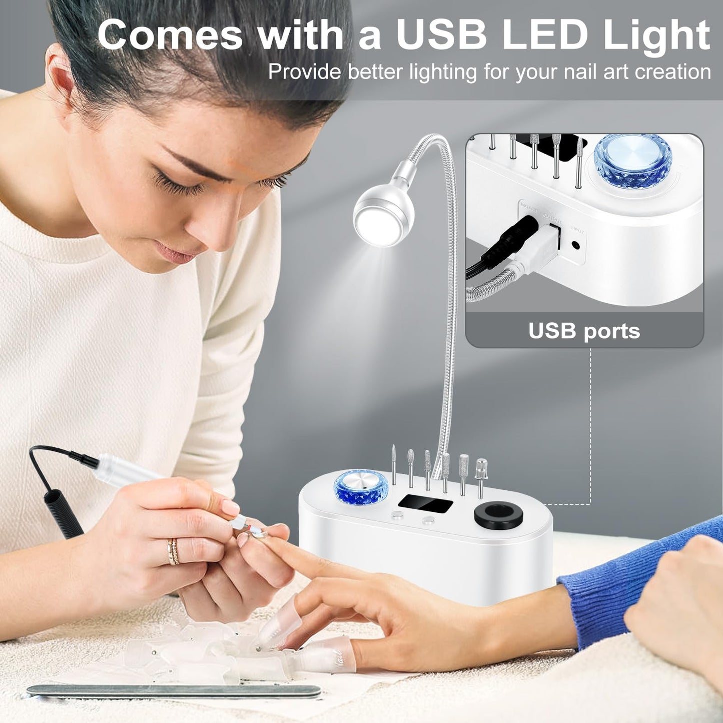Electric Nail Drill Machine, 40000RPM Professional E File Nail Drill Kit for Gel Acrylic Nails,High Speed Low Vibration Low Heat Nail Grinding with LED Light, 7 Bits, F/R Rotation, LCD Screen (White)