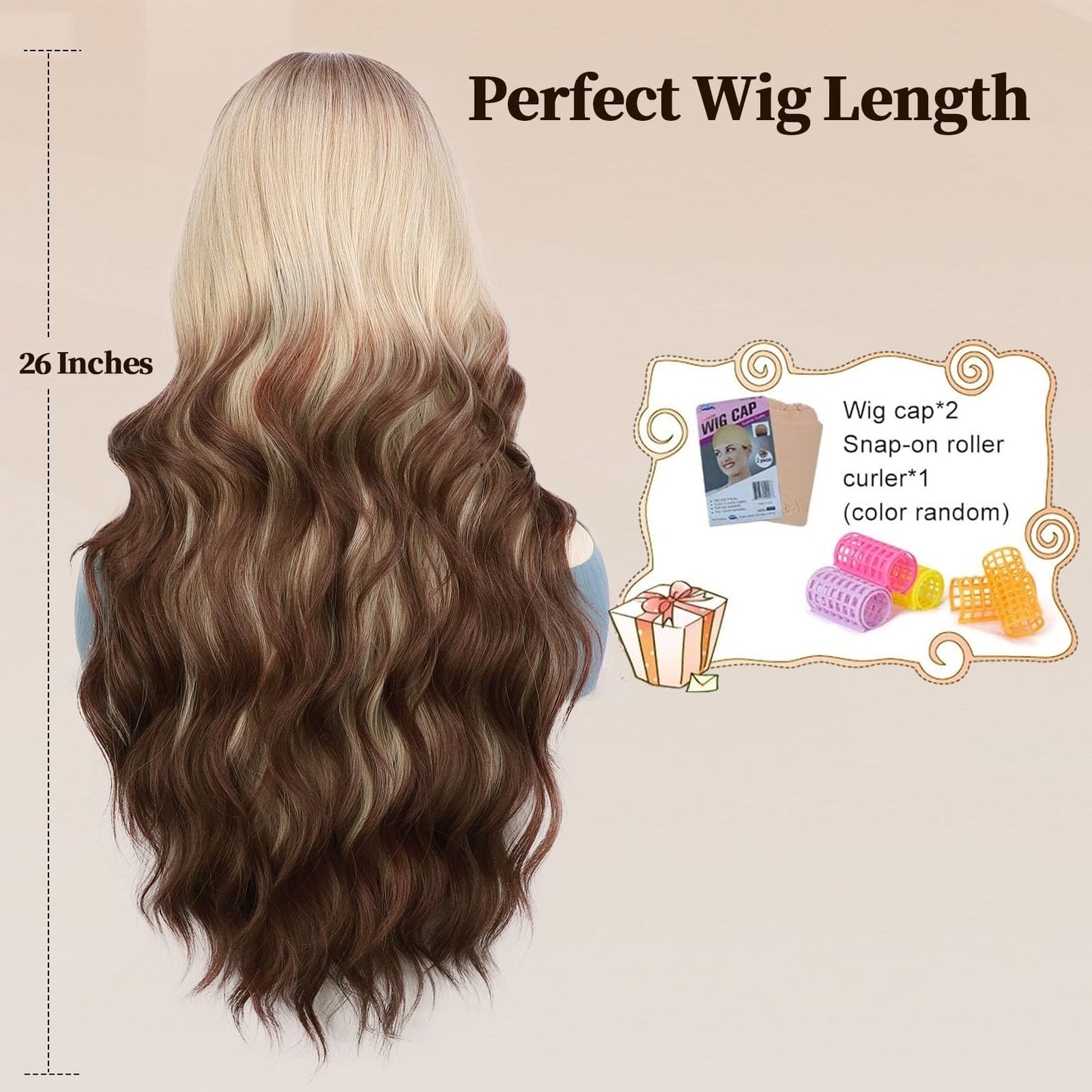 Lativ Ombre Blonde Brown Wig with Bangs Long Wavy Curly Wig with Brown End Heat Resistant Fiber Wig for Women Daily Use 26 Inches