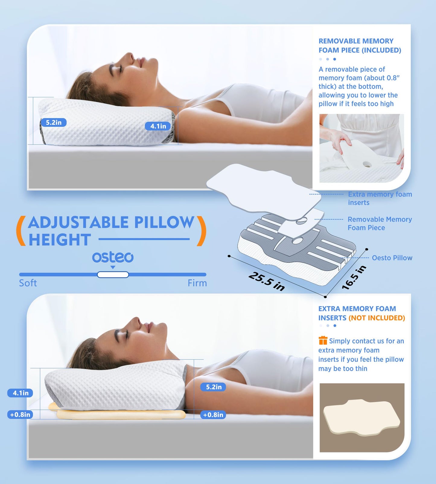Osteo Cervical Pillow for Neck Pain Relief, Hollow Design Odorless Memory Foam Pillows with Cooling Case, Adjustable Orthopedic Bed Pillow for Sleeping, Support for Side Back Sleepers