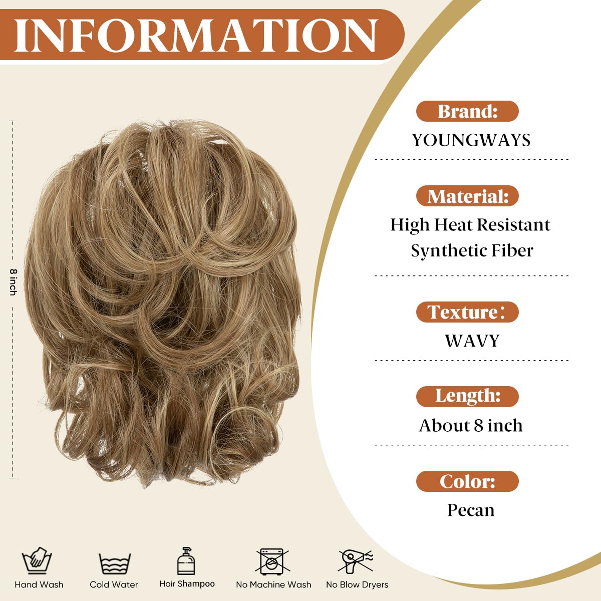 youngways Claw Clip Short Ponytail Messy Bun Hair Piece Bendable Hair Branch Extensions Fluffy Wavy Curly Synthetic Versatile Pecan Hairpieces