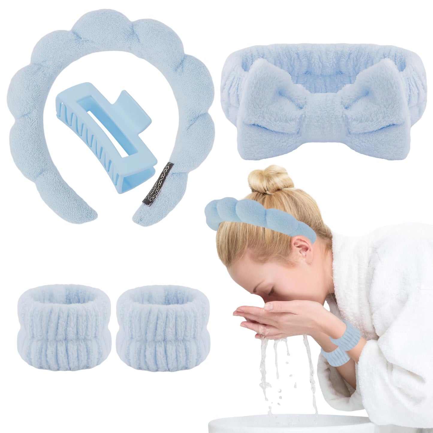 Canitor Spa Headband Wrist Bands Set with Hair Clips Skincare Headband for Washing Face Skin Care Puffy Makeup Headband Preppy Teen Girl Gifts Cute Trendy Stuff Hair Accessories for Women (blue)