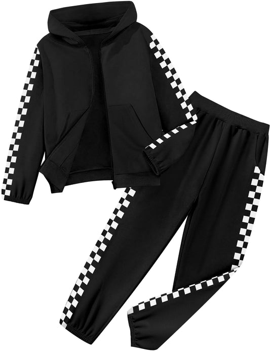 Doumlop Girls Clothes Size 10 Boys Outfits 9 Year Old Kids Clothes Boys Hooded Sweatshirt and Plaid Sweatpants 2 Piece Clothes for Girls Size 8-10 Winter Fall Black