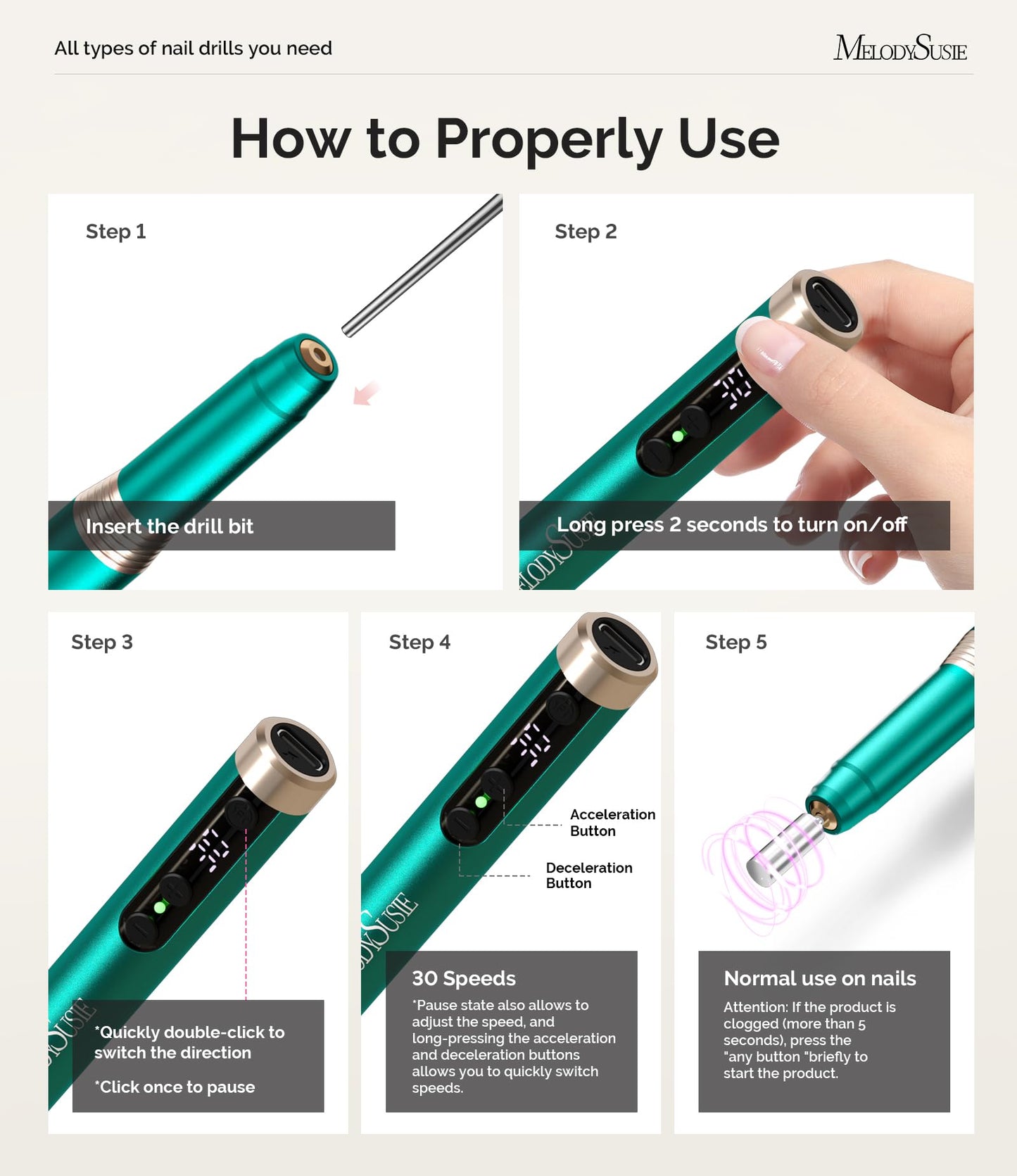 MelodySusie Portable Electric Nail Drill, Cordless 30000RPM Nail EFile with Drill Bits & Ultra Fine Sanding Bands for Manicure Pedicure, Professional Nail File Tool for Women, PM170F Green