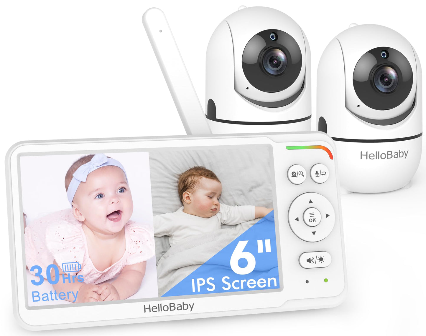 HelloBaby World's First 6" IPS Split Screen Baby Monitor with 2 Cameras - No WiFi, 30hr Battery, 355° Pan-Tilt, Night Vision, 1000ft, Portable Travel Video Audio Monitor with Temp Alert/Lullabies/VOX