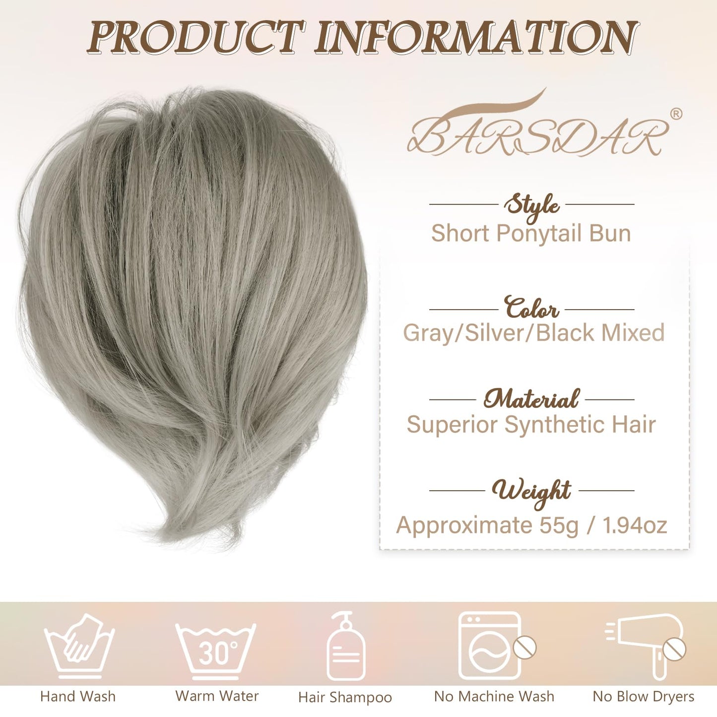BARSDAR Gray Hair Bun Extensions - Synthetic Fully Short Straight Ponytail Hair Bun Extensions for Women, Elastic Gray Hair Bun Scrunchies Messy Bun Hairpieces Daily- Gray Mixed