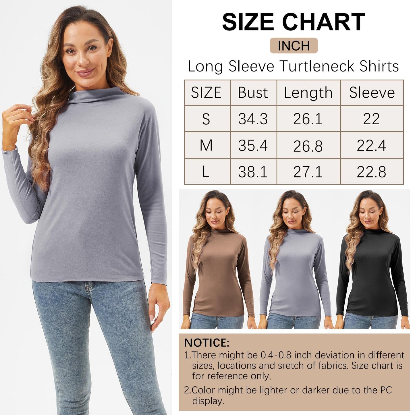 Geyoga 3 Pcs Women Mock Turtleneck Long Sleeve Shirts Neck Slim Fit Traceless Tops Winter Thermal Underwear Fleece Lined Top(Black, Grey, Coffee,L)