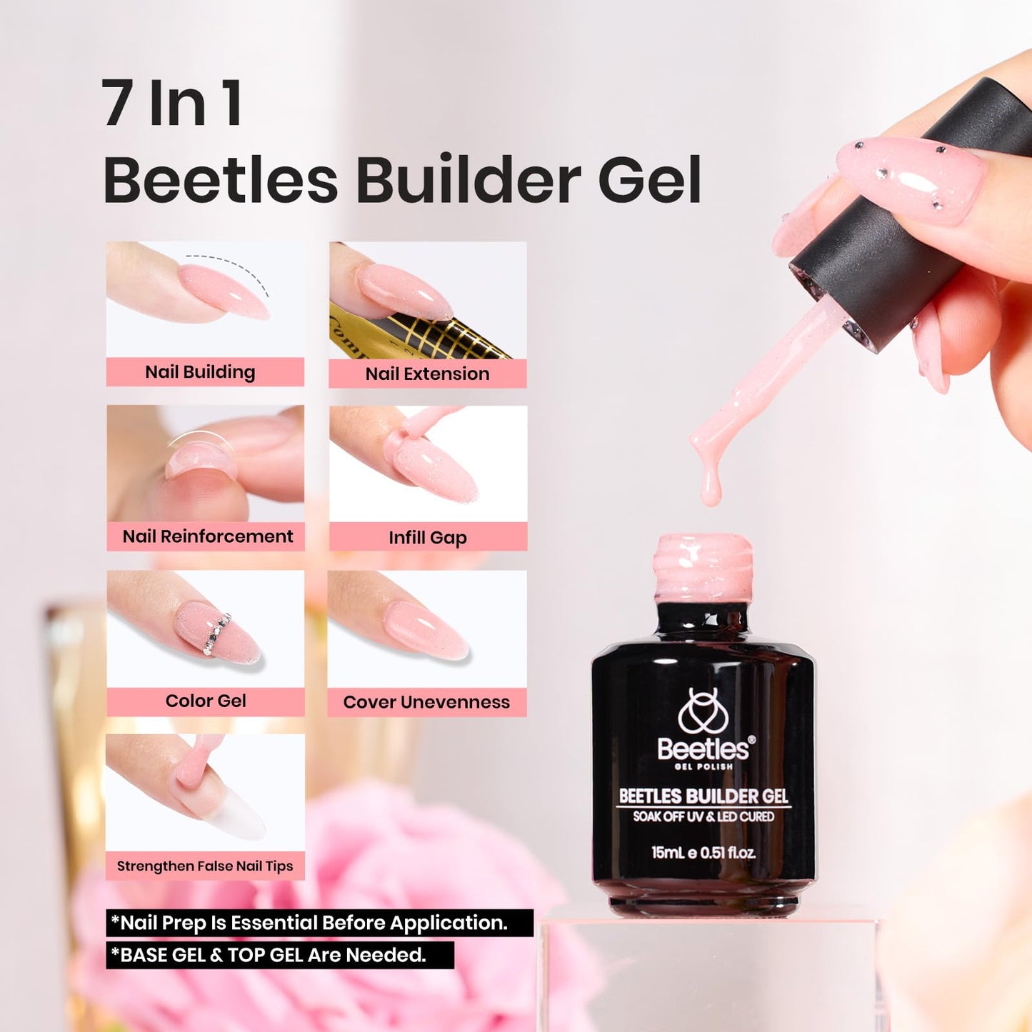Beetles Builder Gel, Building Nail Gel 7-in-One Nude Pink Glitter Builder Strengthener Gel, Pale Pink Sparkle Sheer Base Gel for Nails Hard Jelly Gel for Nails Builder Extension for Nails Art Design