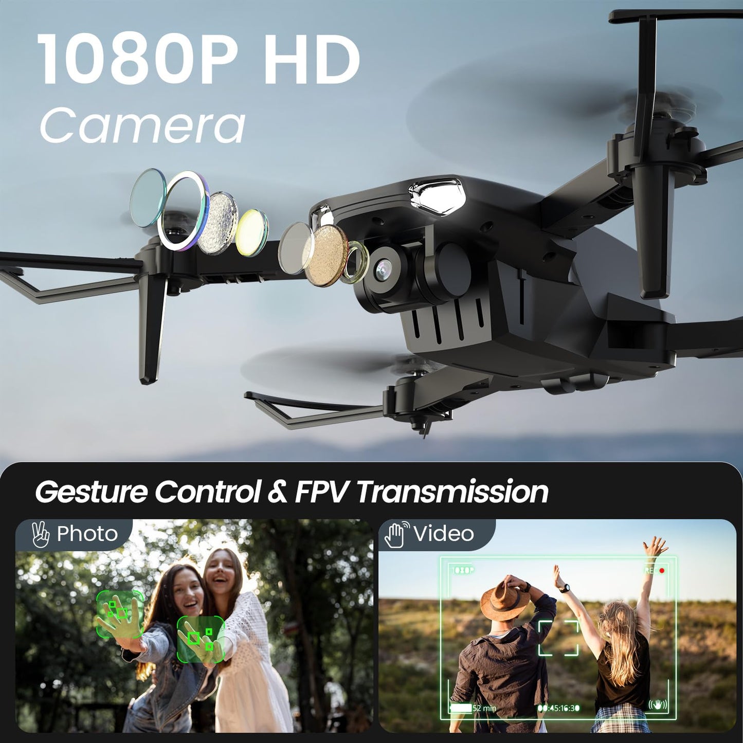 WeFone Drone with Camera for Kids Adults, WF11 1080P HD Mini Drones with FPV Transmission Foldable RC Quadcopters for Beginners, One-Key Start, Headless Mode, 360° Flip, 22 Mins Flight Time