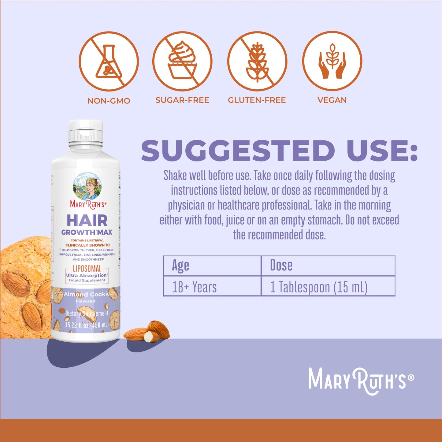 MaryRuth Organics Women's Hair Growth MAX Liposomal | with Lustriva® Biotin 10000mcg Pumpkin Seed Oil| Thicker Hair | Hair Care | Wrinkles, Fine Lines, Skin Care | Ages 18 | 15.22 Fl Oz