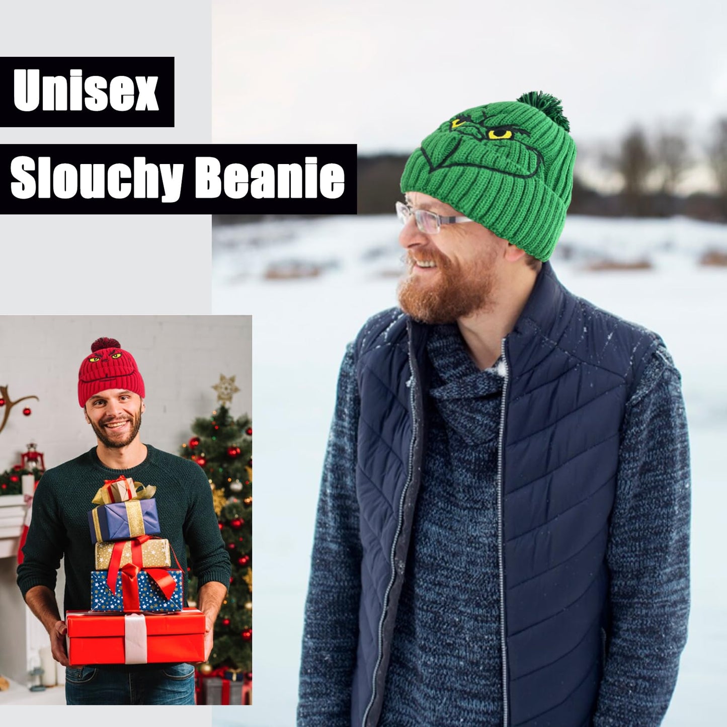 The Grinchmas Christmas Beanies Hats Men Women, Christmas Beanies Green Hat Slouchy Warm Cap Big Face Hats for Men and Women (US, Numeric, 5 1/8, Standard, Green)