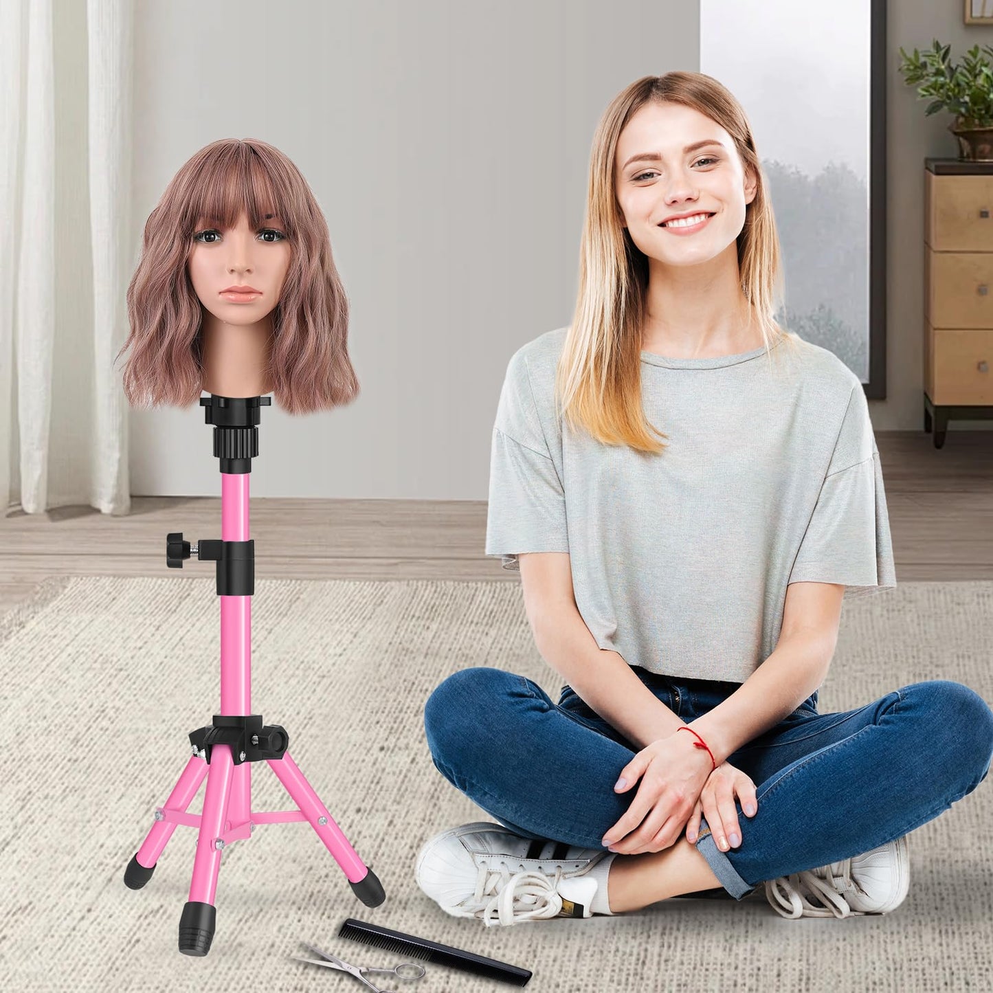 ZQIAN BEAUTY MINI Wig Stand Tripod, 25 Inch Adjustable Mannequin Head Stand, Wig Head Stand for Training Heads And Canvas Block Head (Pink, Mannequin Head Not Included)