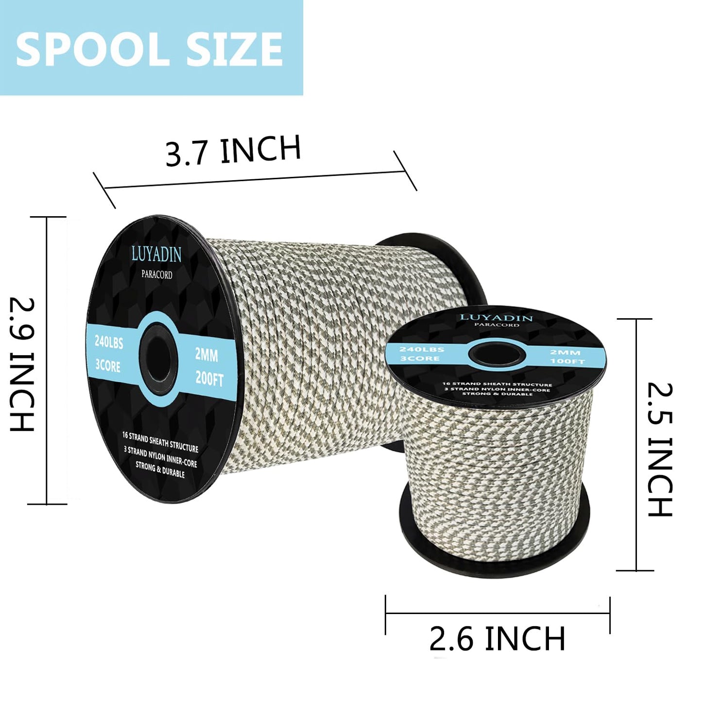 LUYADIN Paracord 240lb - Diameter 2mm Micro Utility Cord -3 Strand Parachute Spool Cord - 100ft 200ft,Paracord for Camping,Hiking,Fishing,Outdoor and DIY