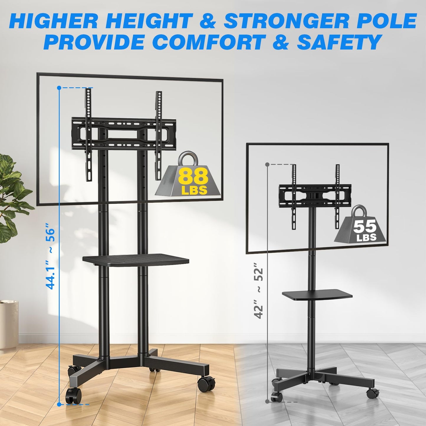 Rfiver Rolling TV Stand with Laptop Shelf, Mobile TV Stand with Upgraded Wheels for 32-75 Inch TVs, Height Adjustable Mobile TV Cart up to 88lbs, Portable TV Mount Stand for Outdoor, Home, Office