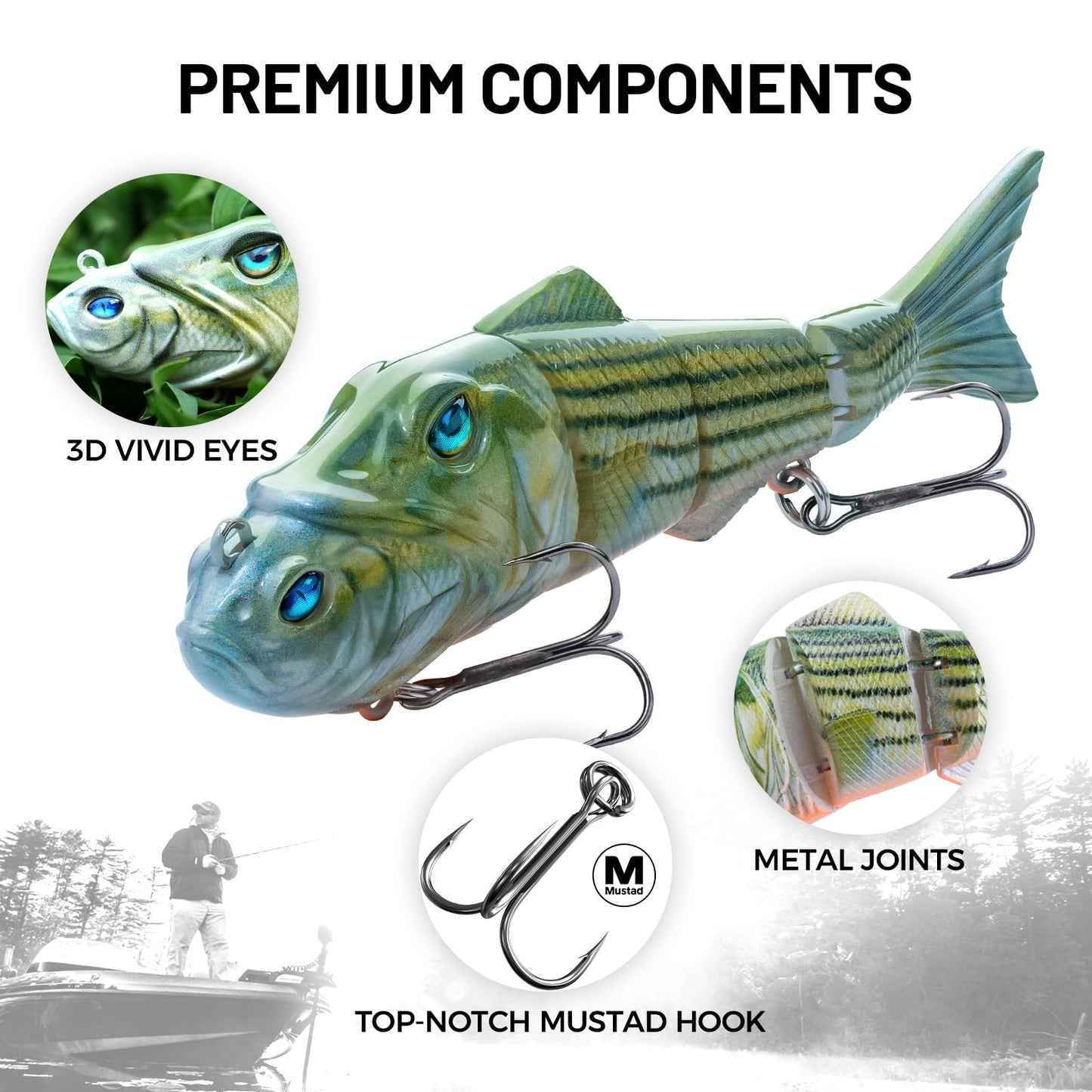 HANDING 3PCS Lifelike Multi-Jointed Swimbait, Bass Fishing Lure for Freshwater and Saltwater, Slow Sinking, Mustad Hook, Angler's Gift, for Pike Largemouth Bass, 1/2oz, 3/4oz and 1 1/4oz