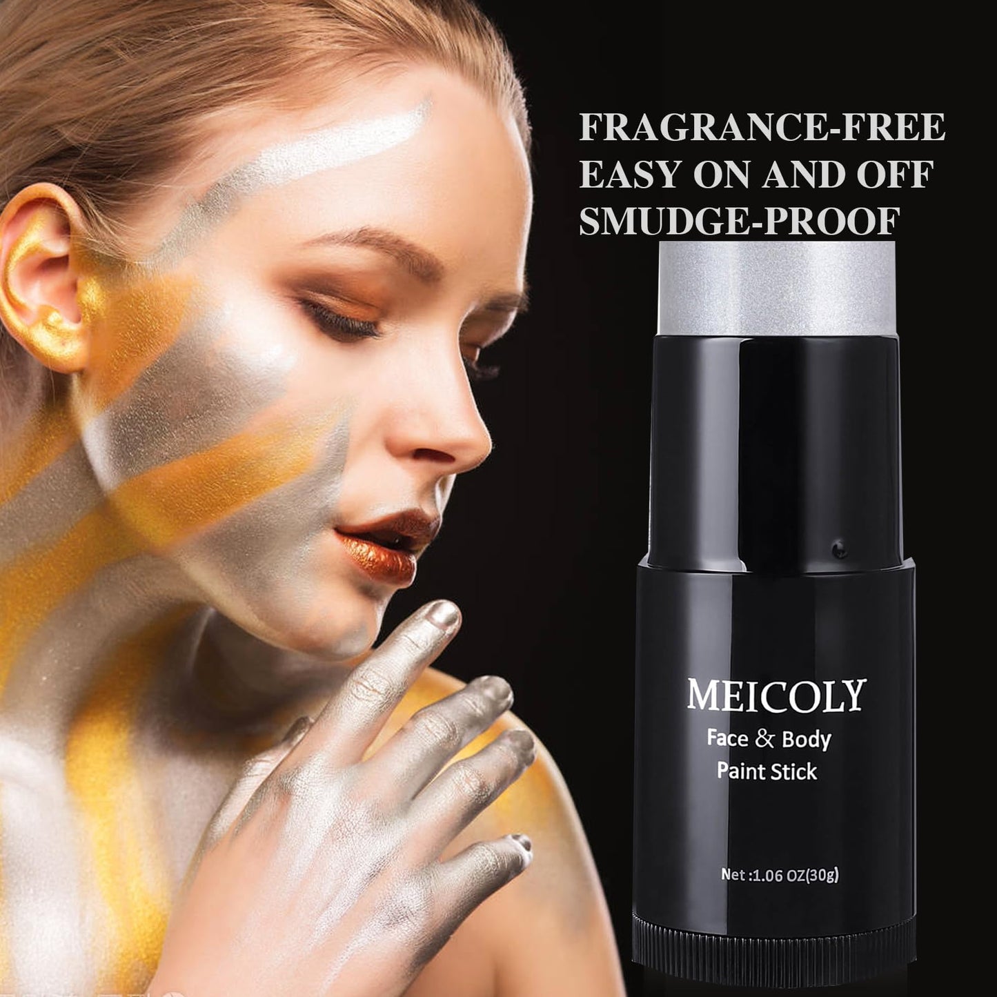 MEICOLY Silver Face Paint Stick(1.06 Oz),Blendable Full Body Paint Stick for Halloween Tin Man Special Effects SFX Cosplay,Sweatproof Waterproof Eye Black for Baseball/Softball/Football