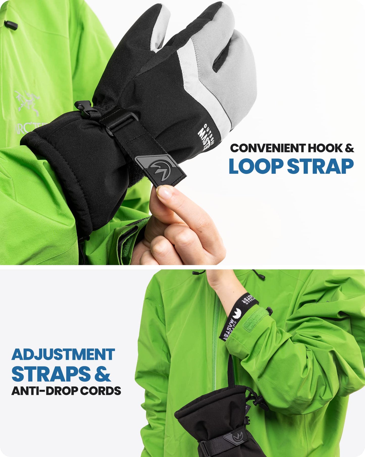 OutdoorMaster Ski Gloves for Men Women-3-Finger Snow Gloves, Full Palm Touchscreen Snowboard Glove, Adult Winter Snow Mittens for Skiing, Snowboarding and Mountaineering