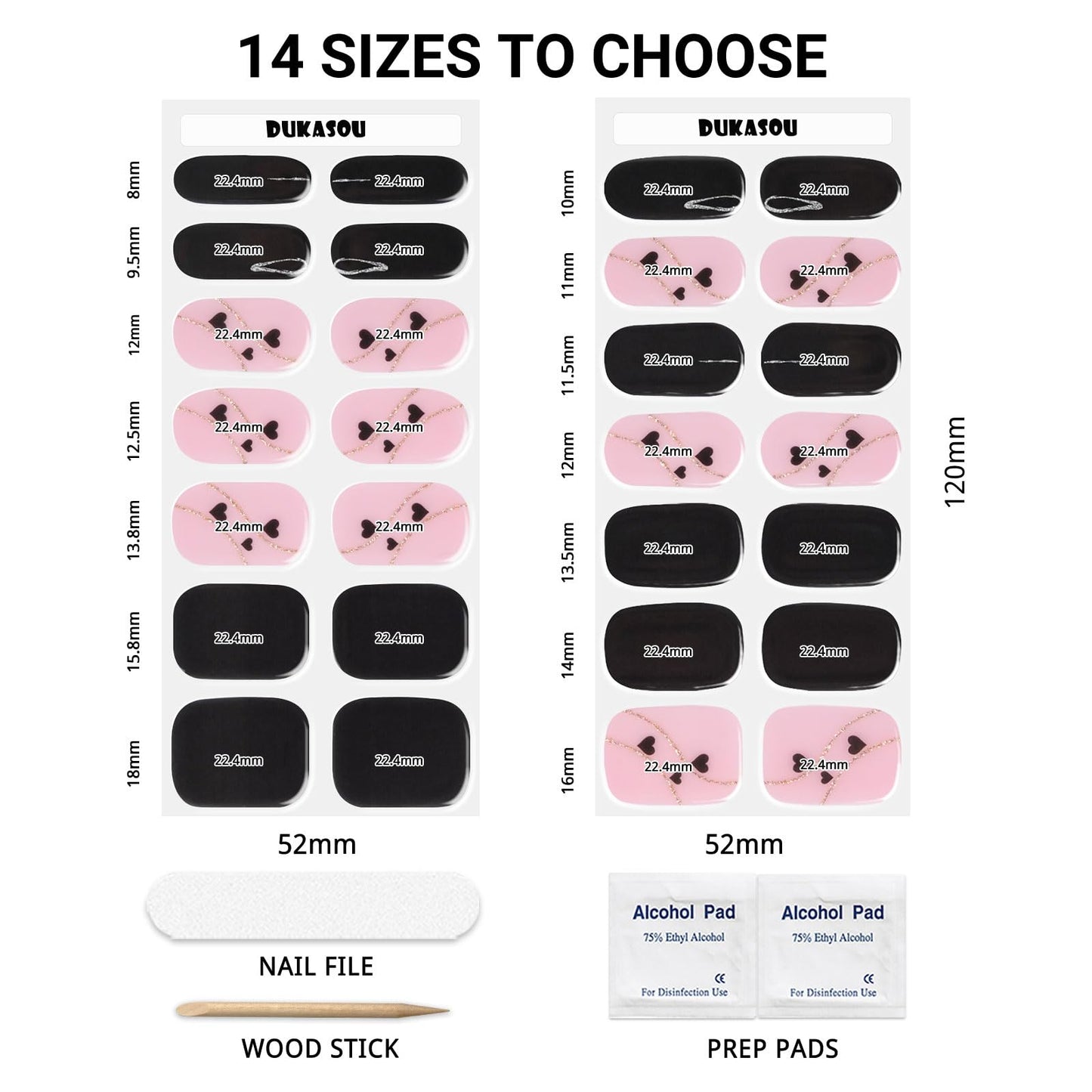 DUKASOU Semi Cured Gel Nail Strips, Black Heart | 28 pcs Gel Nail Strips Work with Any UV Lamp, Salon Quality Nail Stickers, Include Prep Pads, Nail File&Wood Stick
