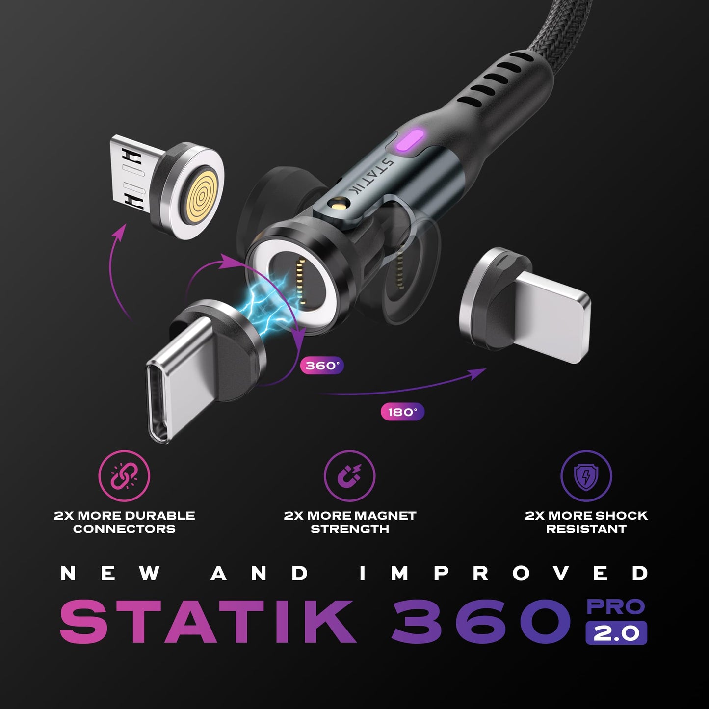 Statik 360 Pro Magnetic Charging Cable - Type C Charger Fast Charging 3 in 1 USB C to USB C Cable, Micro USB & iProduct Tips, USB A Adapter, Fits All Devices - 100W Fast Charger, Black 10FT/3M