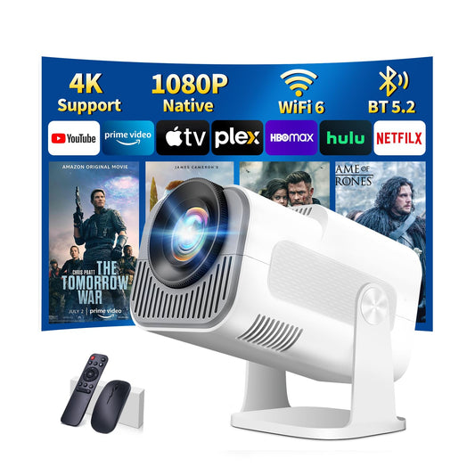 【Built-in Apps】Mini Projector 1080P Full HD, 4K Projector with 180° Rotation, Portable Projector WiFi 6 &Bluetooth 5.2 Support, Featuring Auto Keystone Correction,HDMI/USB Connectivity Projector White