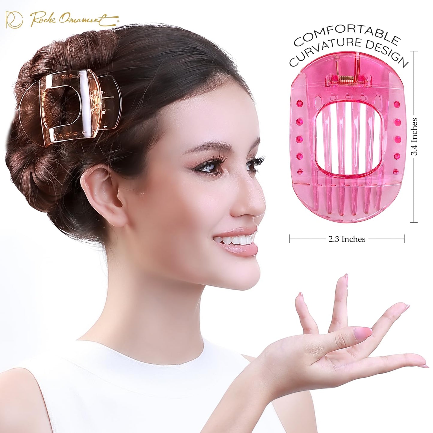 RC ROCHE ORNAMENT 6 Pcs Womens Square Strong Grip Secure Hold Inner Plastic Comfortable Curve No Slip Teeth Styling Beauty Accessory Girls Ladies Claw Clamp Clip, Medium Transparent