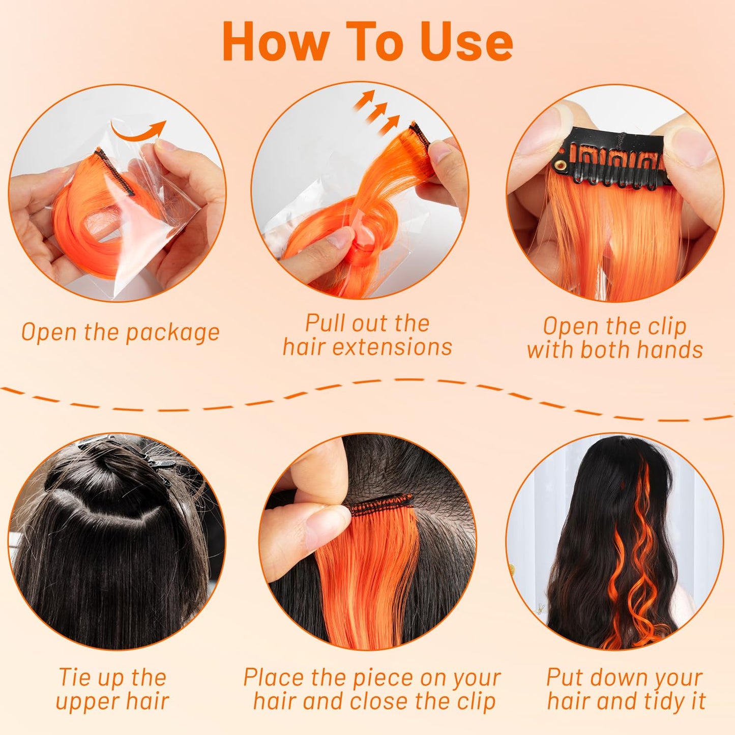 TOFAFA 16 Pcs Colored Hair Extensions Curly Wavy Clip in Synthetic Hairpiece Streak for Girls Women Kid, Multi-colors Party Highlights Cosplay Festival Gift(Orange)