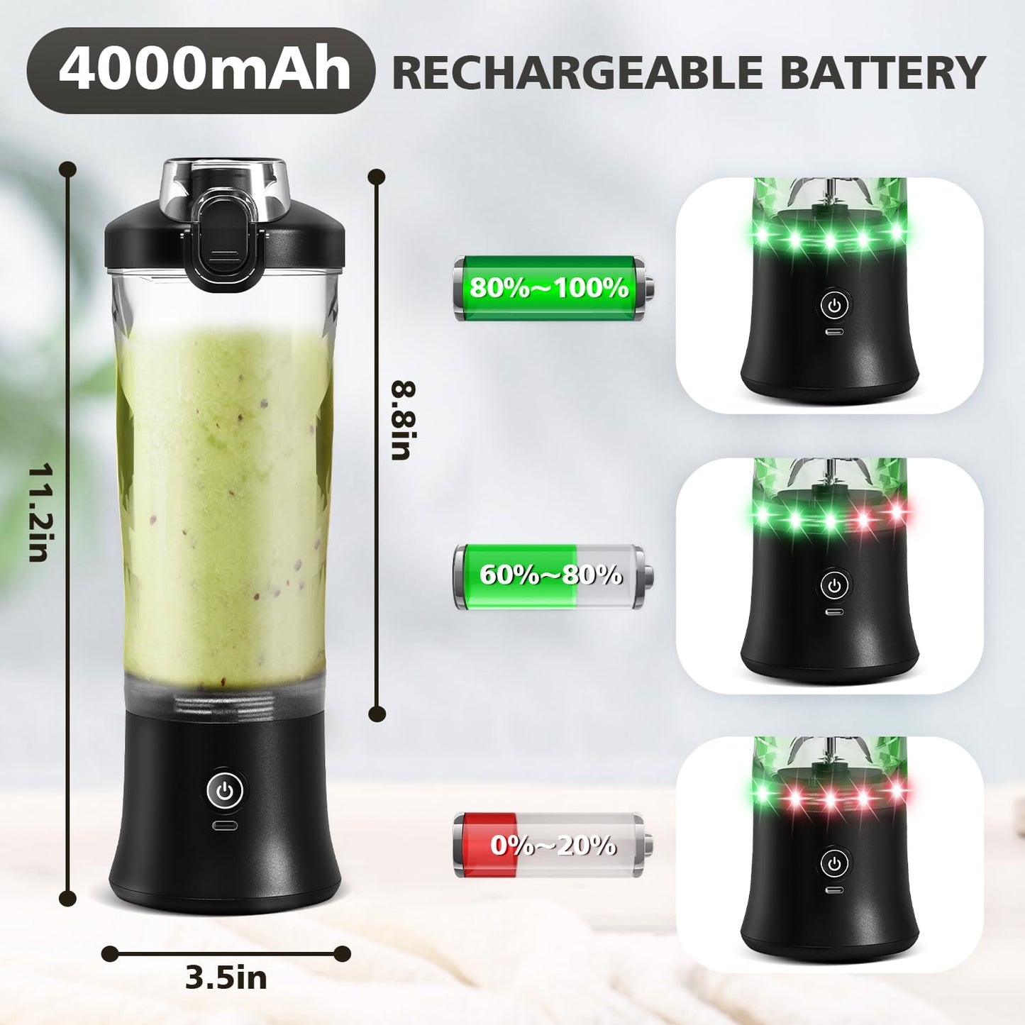 Portable Blender for Shakes and Smoothies- Personal Juicer 20 OZ Electric Protein Shaker Bottle with Insulated Sleeve, USB-C Rechargeable,Travel Lid-Small Blender Cup for Kitchen, Office, Gym,Travel