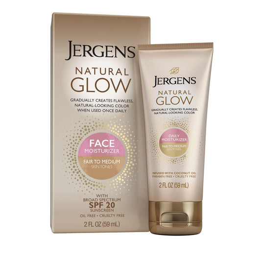 Jergens Natural Glow Face Self Tanner Body Lotion with SPF 20, Fair to Medium Skin Tone, Sunless Tanning, Daily Facial Sunscreen, Oil Free, Broad Spectrum UVA and UVB Protection, 2 Oz
