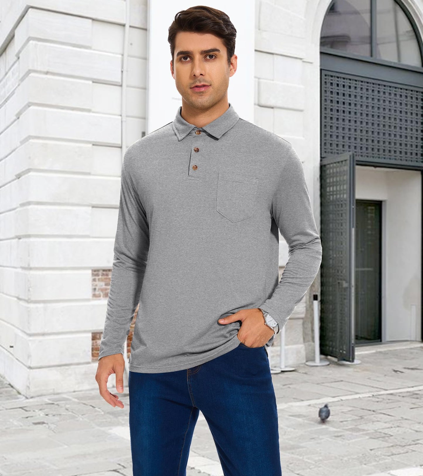 koufland Men Collar Polo Shirts Long Sleeve Button Down Shirt Lightweight Versatile Work Gym Golf Stylish Top Shirt with Pocket for Men(1-Light Gray,Medium)