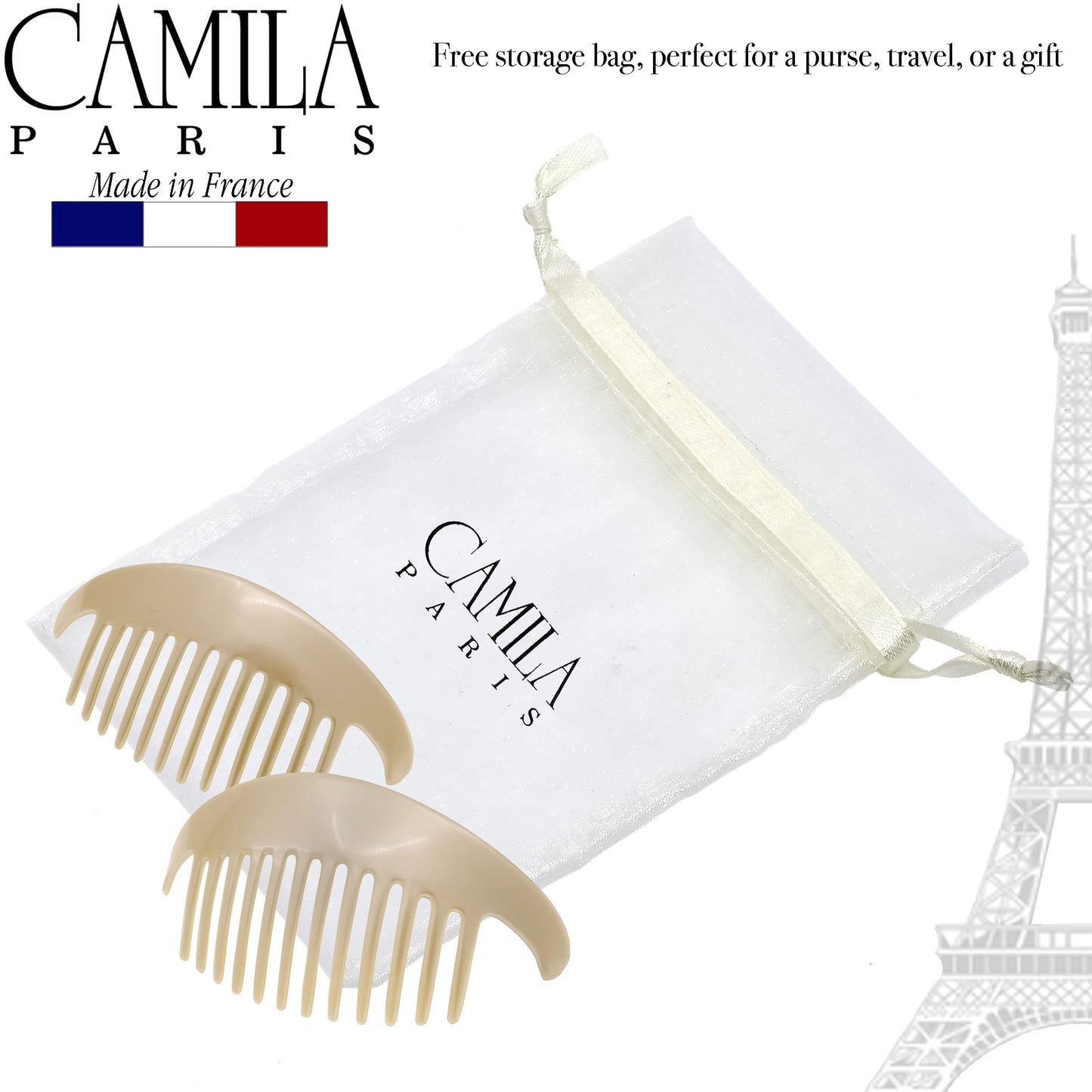 Camila Paris CP3016 French Hair Side Combs, Beige Pearl Interlocking Combs French Twist Hair Combs, Strong Hold Hair Clips for Women Bun Chignon Up-Do, Styling Girls Hair Accessories, Made in France
