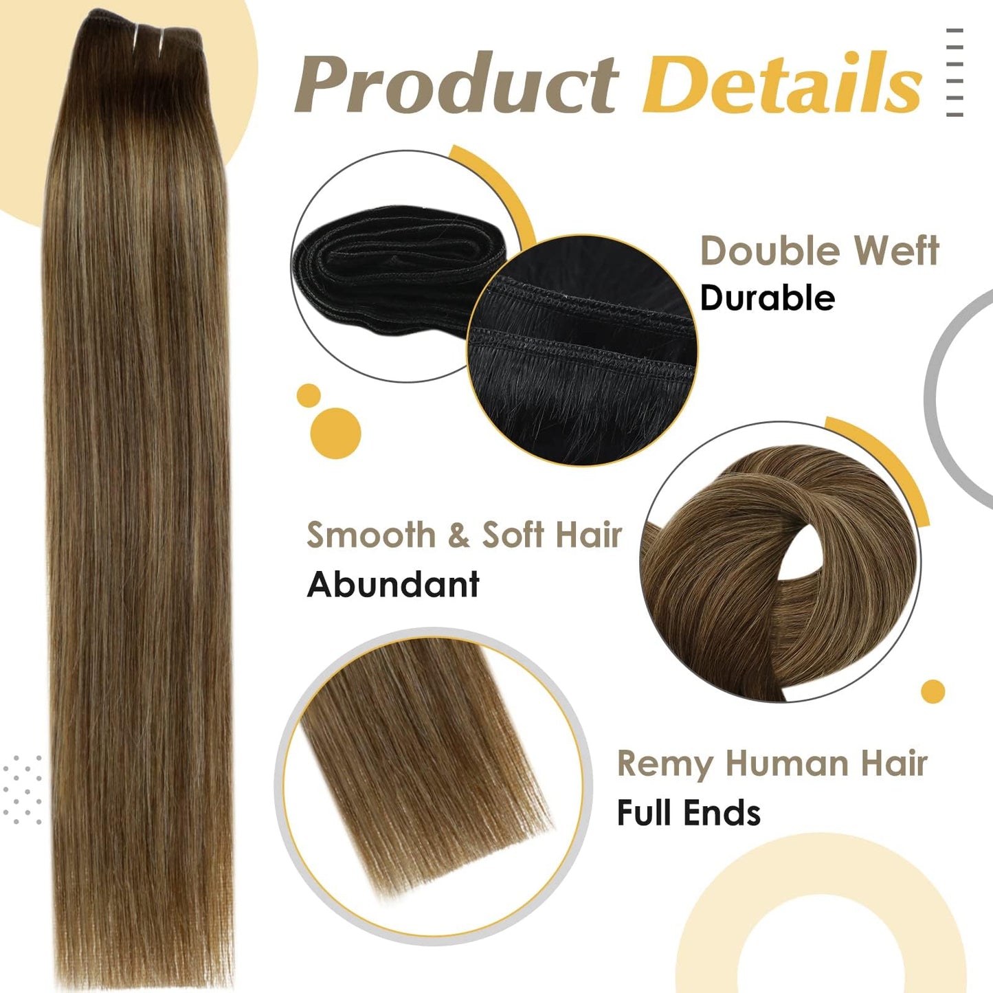 Full Shine Weft Hair Extensions Human Hair 12 Inch Weft Sew in Hair Extensions Real Human Hair 80G Color Medium Brown To Honey Blonde Mix Medium Brown Weft Ombre Brown Silky Straight Human Hair