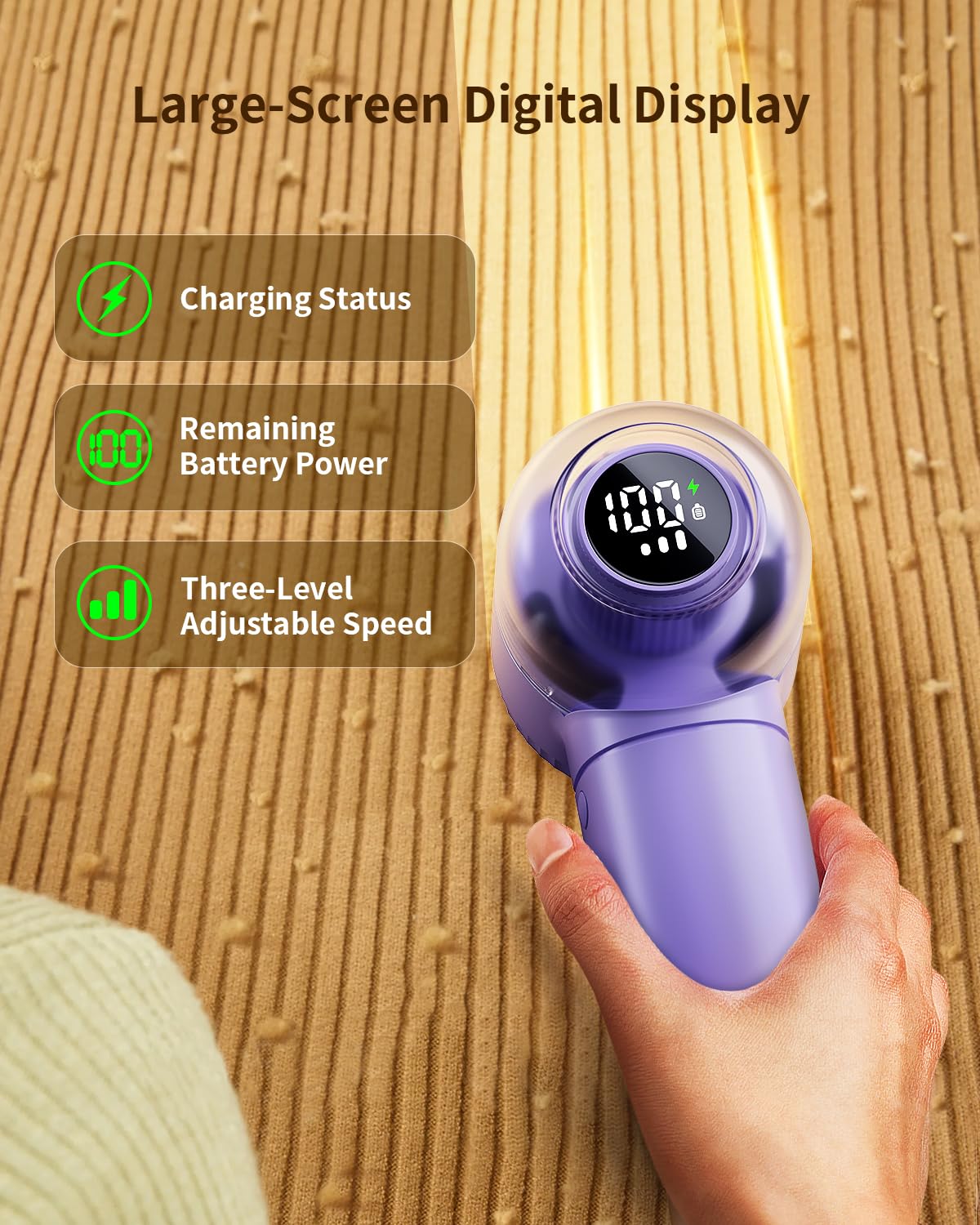 coldSky Fabric Shaver, š® š¶š» š Lint Remover with Brush, 1200mAh Sweater Shaver with Digital Display,3 Speeds Lint Shaver, 6-Leaf Blades Lint Remover for Clothes, Sofa, Bedding,Purple