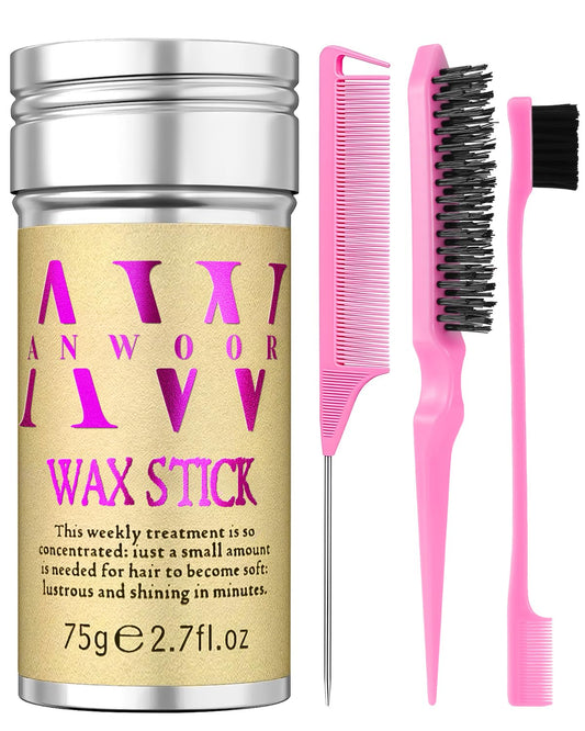 Slick Back Hair Styling Kit for Hair: 4Pcs Wax Stick, Edge Control Brush, Rat Tail Comb & Bristle Brush for Flyaways, Smoothing & Volumizing