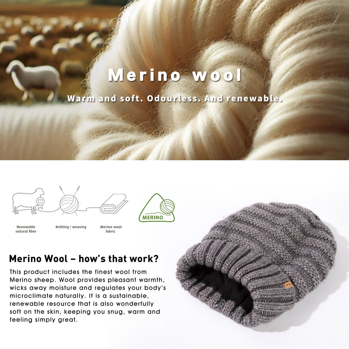 TOP-EX M/L/XL 100% Merino Wool Ladies Slouchy Beanie for Women Winter Hat Fleece Lining Warm Knit Hats Cold Weather Skull Hat Soft Stretch Ski Cap Dark Grey