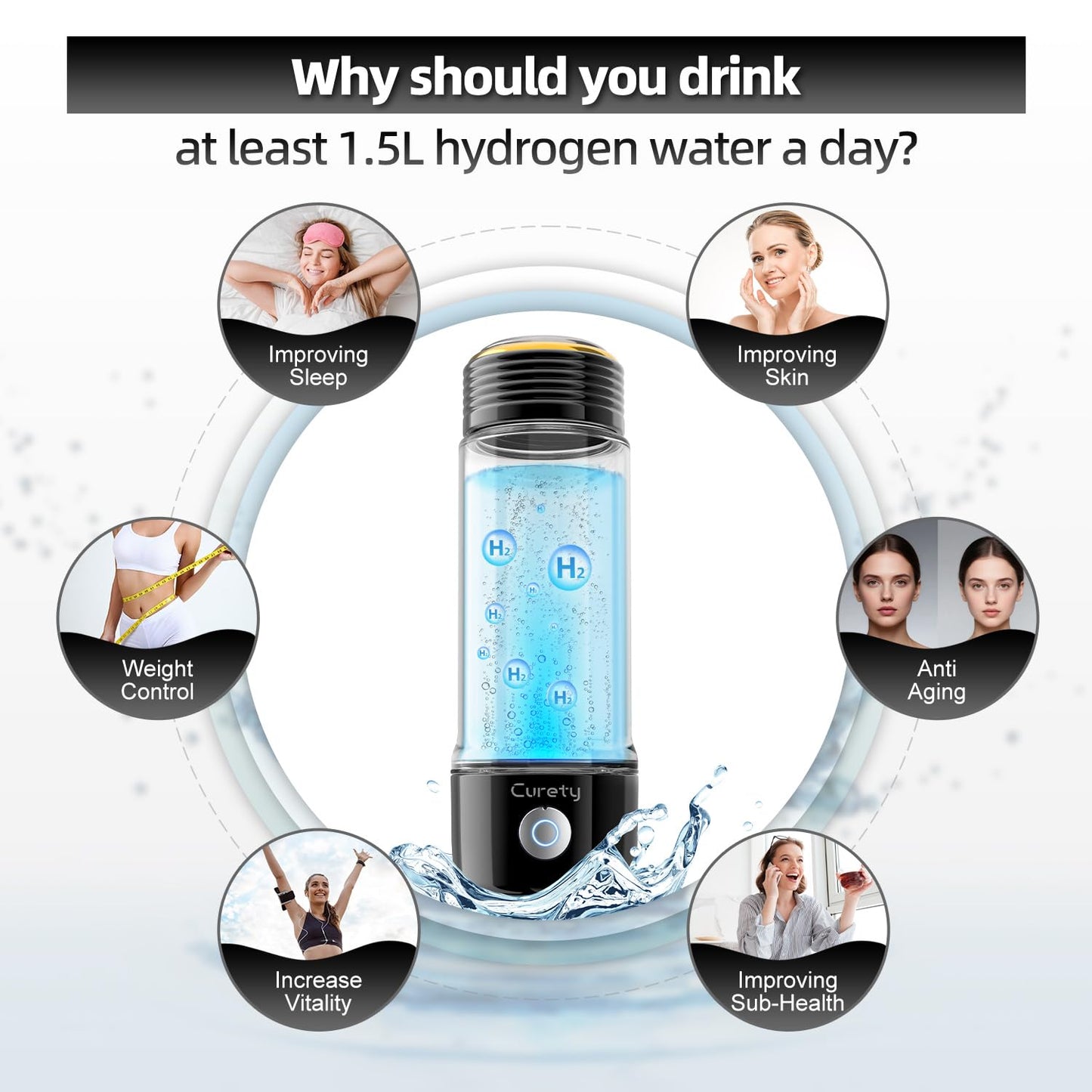 Curety Hydrogen Water Bottle, 3 in 1 Hydrogen Water Bottle Generator, Hydrogen Water Ionizer 2300PPB with SPE/PEM Technology, Hydrogen Water Machine for Home Office Travel Fitness Drinking