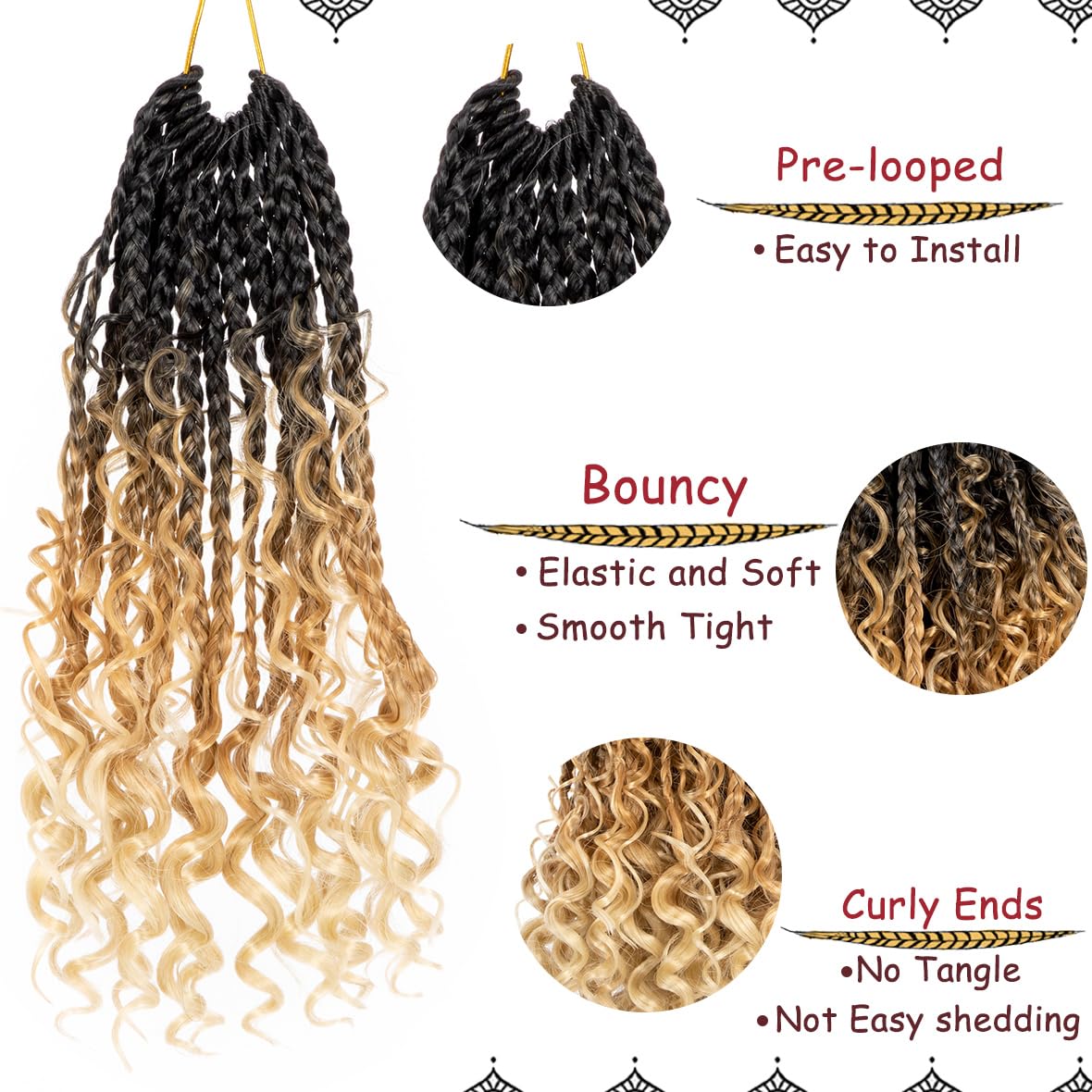 Beverlee 10 Inch 8 Packs Boho Box Braids Goddess Box Braids Crochet Hair Bohemian Hippie Braids Braiding Hair Box Braids with Curly Ends Messy Pre-looped Synthetic Crochet Hair for Black Women