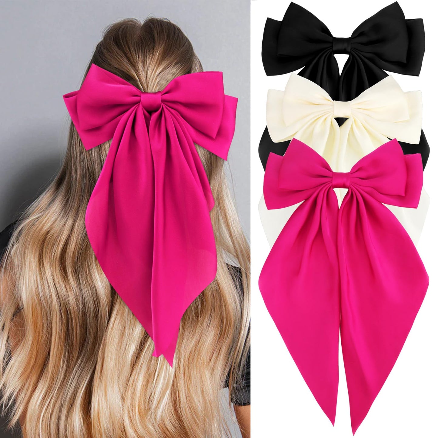 Velscrun Hair Bows for Women and Girls - 3Pcs Oversized Satin Bows in White, Black, and Rose Pink - Large Hair Clips with Long Ribbons, Barrettes, Hair Accessories Gift Set