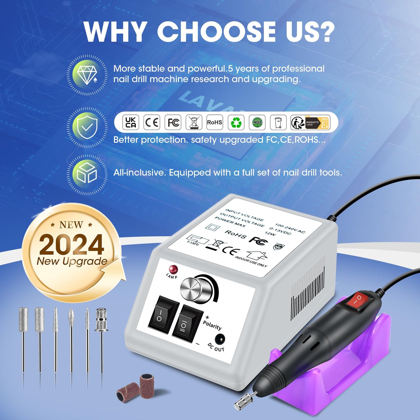 LAVAED Professional Electric Nail Drill Machine Nails File Electric Nail Drill Kit Low Noise Vibration with 156pcs Sanding Bands for Acrylic Nail Drill Gel Art Remover Polisher Manicure Pedicure