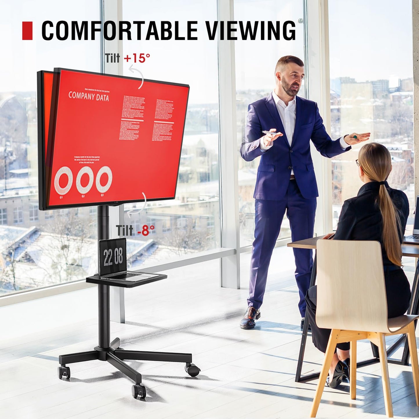 AOKCOS Rolling TV Stand - Mobile TV Stand on Wheels for 32-65 inch Flat/Curved TVs with Tilting, Height Adjustment Portable Rolling TV Cart Hold up to 88 Lbs for Livingroom, Bedroom, Office, Outdoor