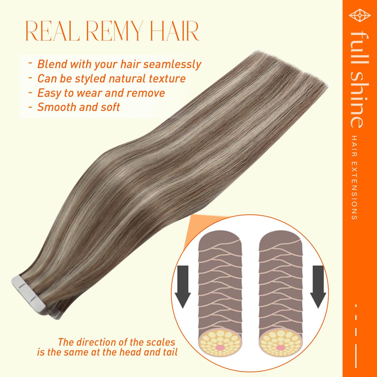 Full Shine Tape in Real Human Hair Extensions Color 8 Light Brown Highlight with 60 Blonde 30 Gram Remy Tape in Hair Extensions 20 Pcs Hair Extensions 12 Inch Invisible Straight Tape Hair for Wedding